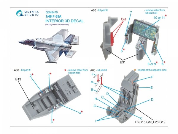 Quinta Studio QD48479 F-35A 3D-Printed &amp; coloured Interior on decal paper (Kitty Hawk/Zimi Model) 1/48