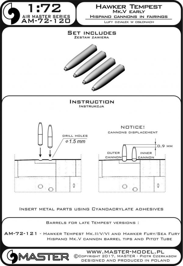 Master AM-72-120 Hawker Tempest Mk.V wczesna wersja - lufy działek Hispano 20mm w osłonach (4 szt.) (1:72)