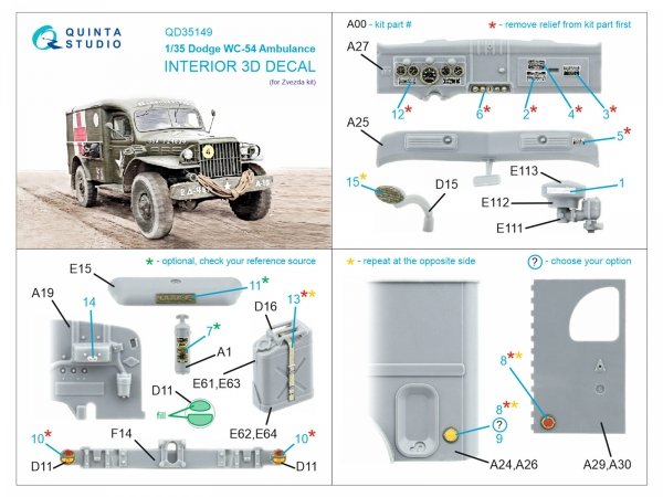 Quinta Studio QD35149 Dodge WC-54 Ambulance 3D-Printed &amp; coloured Interior on decal paper (Zvezda) 1/35