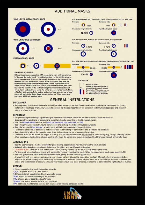 1 Man Army 32DET045 D.H. 82A Tiger Moth - basic markings and stencil masks (ICM) 1/32