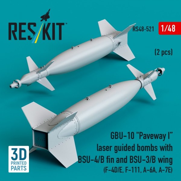 RESKIT RS48-0521 GBU-10 "Paveway I" laser guided bombs with BSU-4/B fin and BSU-3/B wing (2 pcs) (3D Printed) 1/48