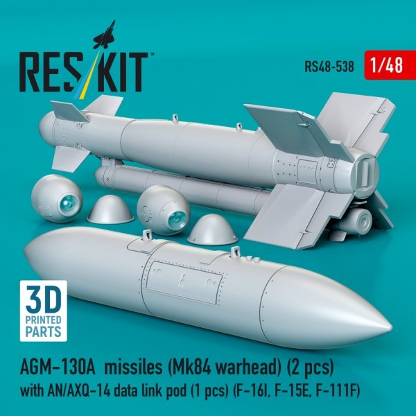 RESKIT RS48-0538 AGM-130A missiles (2 pcs) (Mk84 warhead) with AN/AXQ-14 data link pod (1 pcs) (3D Printed) 1/48