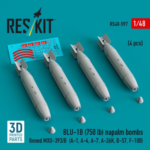 RESKIT RS48-0597 BLU-1B (750 lb) napalm bombs finned MXU-393/B (4 pcs) (A-1, A-4, A-7, A-26K, B-57, F-100) (3D Printed) (1/48)