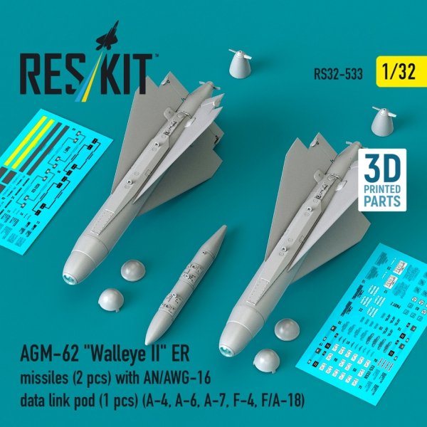 RESKIT RS32-0533 AGM-62 "Walleye II" ER missiles (2 pcs) with AN/AWG-16 data link pod (1 pcs) (A-4, A-6, A-7, F-4, F/A-18) (3D Printed) (1/32)