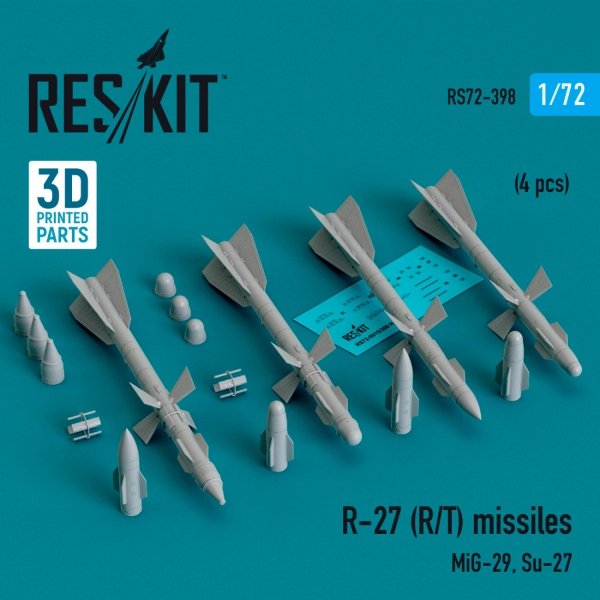 RESKIT RS72-0398 R-27 (R/T) missiles (4 pcs) (MiG-29, Su-27) (3D Printed) 1/72