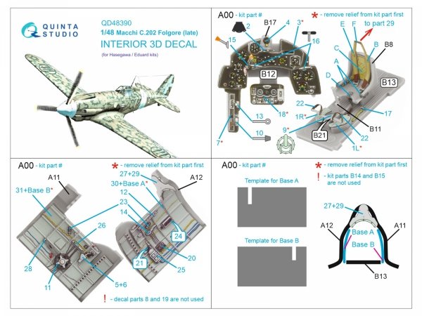 Quinta Studio QD48390 Macchi C.202 Folgore Late 3D-Printed &amp; coloured Interior on decal paper (Hasegawa/Eduard) 1/48