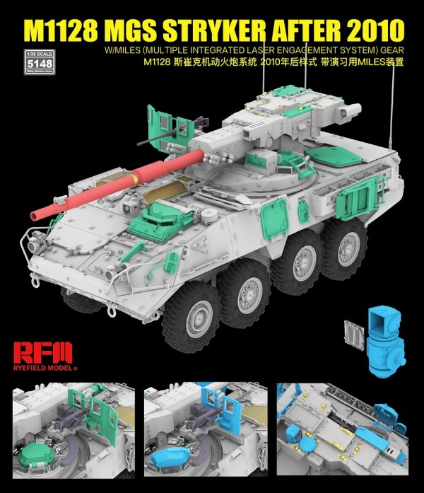 Rye Field Model 5148 M1128 MGS Stryker After 2010 with 3D Printed Gun Barrel w/ Miles (Multiple Integrated Laser Engagement System) Gear 1/35