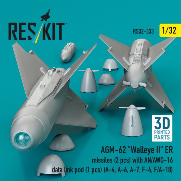 RESKIT RS32-0533 AGM-62 "Walleye II" ER missiles (2 pcs) with AN/AWG-16 data link pod (1 pcs) (A-4, A-6, A-7, F-4, F/A-18) (3D Printed) (1/32)