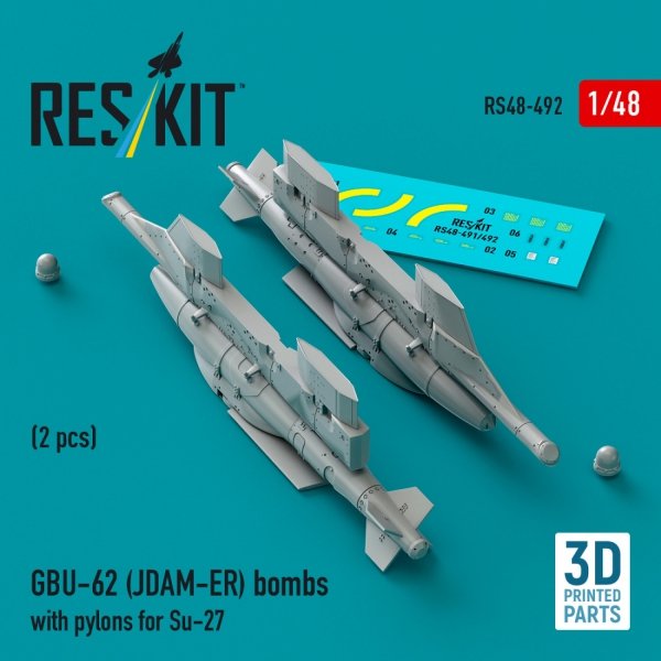 RESKIT RS48-0492 GBU-62 (JDAM-ER) bombs with pylons for Su-27 &quot;Flanker&quot; (2 pcs) (3D Printed) 1/48