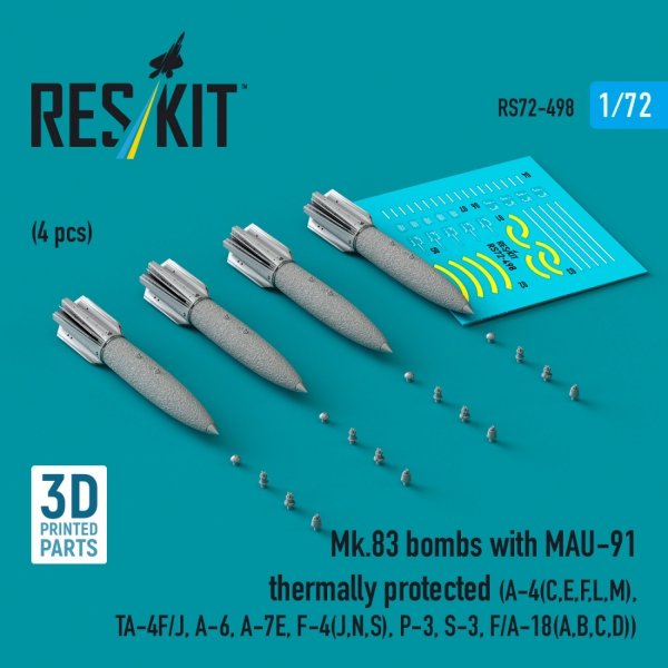 RESKIT RS72-0498 Mk.83 bombs with MAU-91  thermally protected (4 pcs) (A-4E, A-4F, B-52G/H) (3D printed) (1/72)