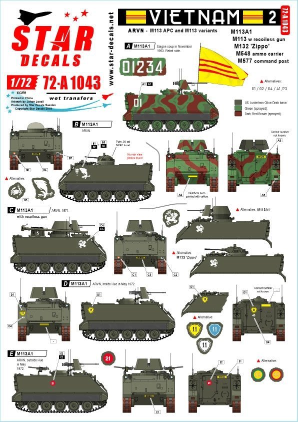 Star Decals 72-A1043 Vietnam 2. M113A1, M113 w recoilless gun, M132 Zippo, M548 ammo carrier, M577 1/72
