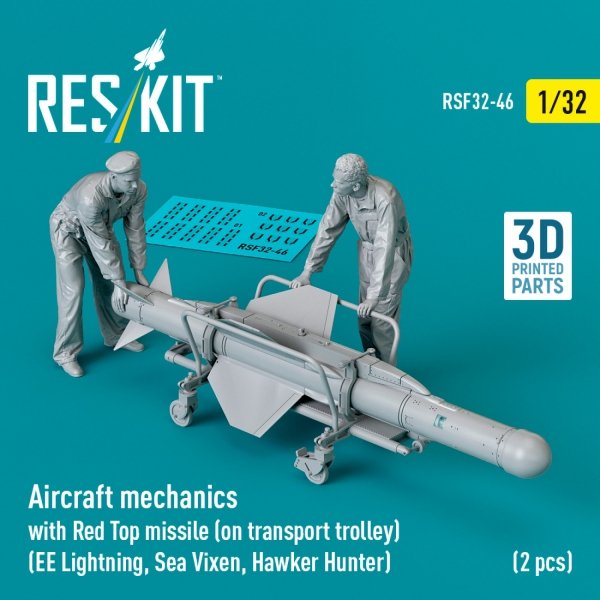 RESKIT RSF32-0046 Aircraft mechanics with Red Top missile (on transport trolley) (EE Lightning, Sea Vixen, Hawker Hunter) (2 pcs) (3D Printed) (1/32)