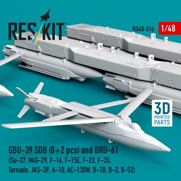 RESKIT RS48-0516 GBU-39 SDB (8 pcs) and BRU-61 (2 pcs) (Su-27, MiG-29, F-16, F-15E, F-22, F-35, Tornado, JAS-39, A-10, AC-130W, B-1B, B-2, B-52) (3D Printed) (1/48)