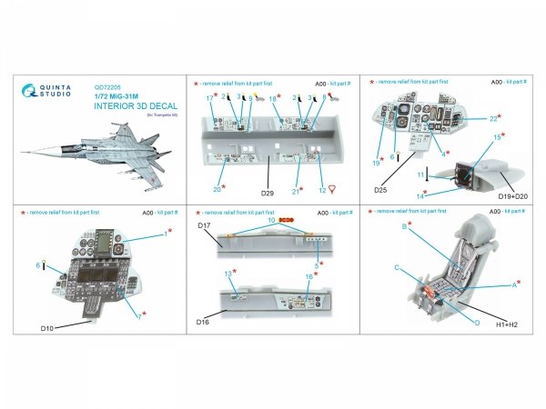 Quinta Studio QD72205 MiG-31M 3D-Printed &amp; coloured Interior on decal paper (Trumpeter) 1/72