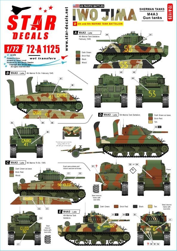 Star Decals 72-A1125 US PACIFIC WARS - IWO JIMA USMC Sherman tanks 1/72