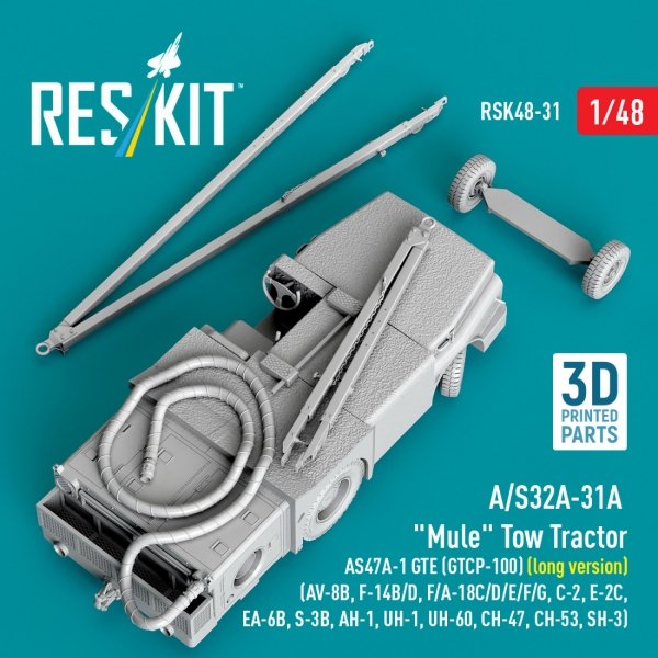 RESKIT RSK48-0031 A/S32A-31A "Mule" Tow Tractor AS47A-1 GTE (GTCP-100) (long version) (AV-8B, F-14B/D, F/A-18C/D/E/F/G, C-2, E-2С, EA-6B, S-3B, AH-1, UH-1, UH-60, CH-47, CH-53, SH-3) (3D Printed model kit) (1/48)