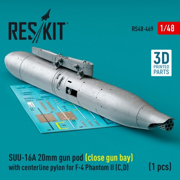 RESKIT RS48-0469 SUU-16A 20mm gun pod (close gun bay) with centerline pylon for F-4 Phantom II (C,D) (1 pcs) (3D Printed) 1/48