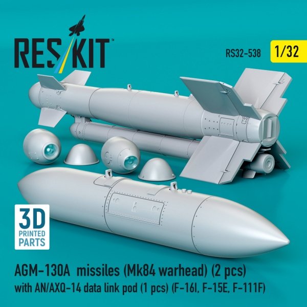 RESKIT RS32-0538 AGM-130A missiles (Mk84 warhead) (2 pcs) with AN/AXQ-14 data link pod (1 pcs) (3D Printed) 1/32