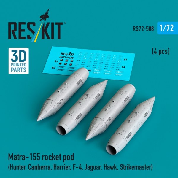 RESKIT RS72-0508 Matra-155 rocket pod (4 pcs) (Hunter, Canberra, Harrier, F-4, Jaguar, Hawk, Strikemaster) (3D Printed) (1/72)