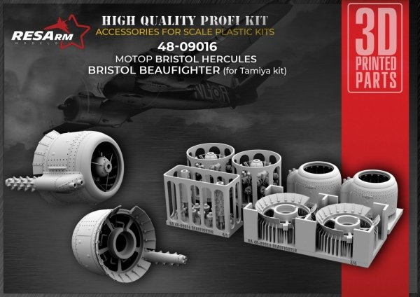 RESARM 48-09016 KIT - motors, covers, exhaust pipes, cooling flaps - Bristol Hercules (for Tamiya kit) (3D resin printing) 1/48