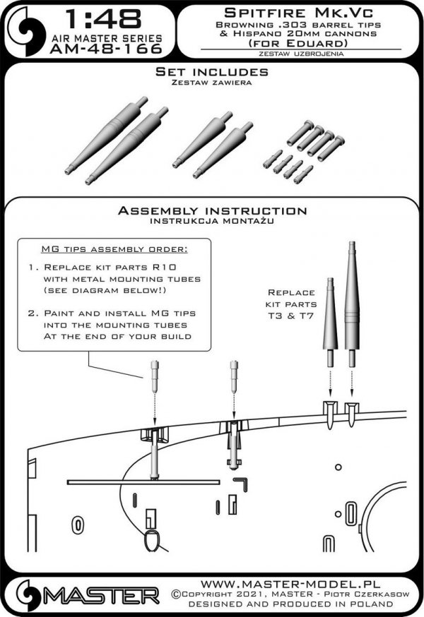 Master AM-48-166 Spitfire Mk. Vc - lufy działek Hispano 20mm w osłonach i końcówki luf Browning .303 (do modelu Eduarda) 1/48