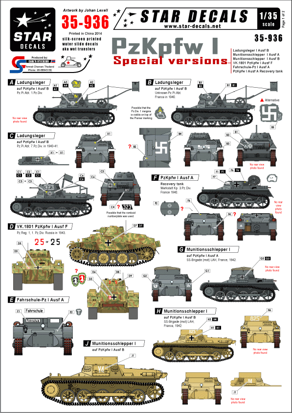 Star Decals 35-936 PzKpfw I special versions 1/35
