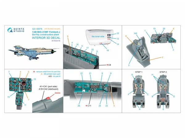 Quinta Studio QD+48578 MiG-21MF Fishbed-J (Gorkiy plant) 3D-Printed &amp; coloured Interior on decal paper (Eduard) (with 3D-printed resin parts) 1/48