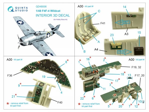 Quinta Studio QD48006 F4F-4 Wildcat 3D-Printed coloured Interior on decal paper (HobbyBoss) 1/48