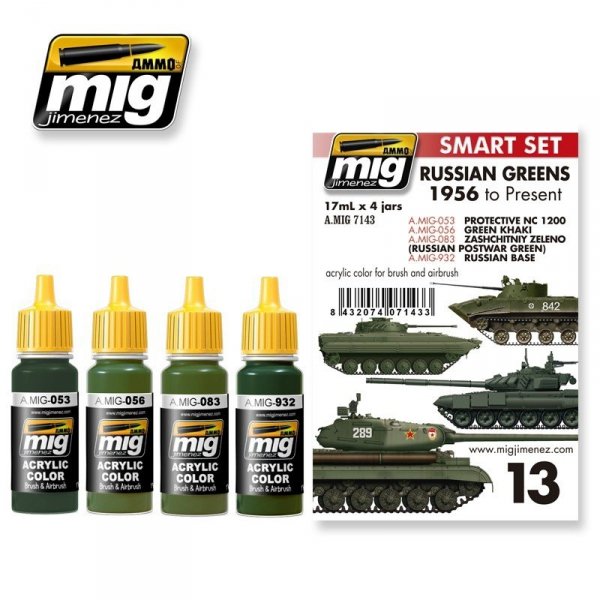 AMMO Of Mig Jiminez 7143 RUSSIAN GREENS - 1956 TO PRESENT (4x17ml)