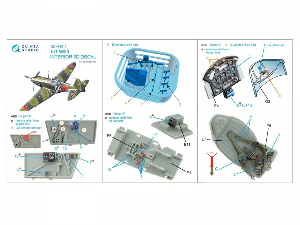 Quinta Studio QD+48511 MiG-3 3D-Printed coloured Interior on decal paper (Trumpeter) 1/48