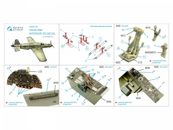 Quinta Studio QD32158 Do 335A 3D-Printed &amp; coloured Interior on decal paper (HK models) 1/32