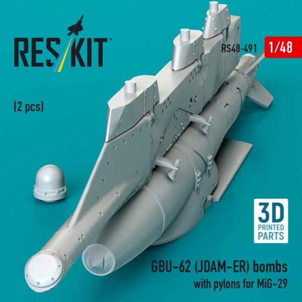 RESKIT RS48-0491 GBU-62 (JDAM-ER) bombs with pylons for MiG-29 &quot;Fulcrum&quot; (2 pcs) (3D Printed) 1/48