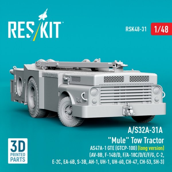 RESKIT RSK48-0031 A/S32A-31A "Mule" Tow Tractor AS47A-1 GTE (GTCP-100) (long version) (AV-8B, F-14B/D, F/A-18C/D/E/F/G, C-2, E-2С, EA-6B, S-3B, AH-1, UH-1, UH-60, CH-47, CH-53, SH-3) (3D Printed model kit) (1/48)