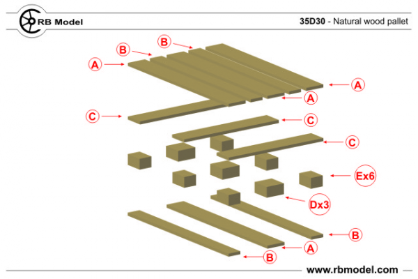 RB Model 35D30 4 x natural wood pallets self assembly kit 1/35