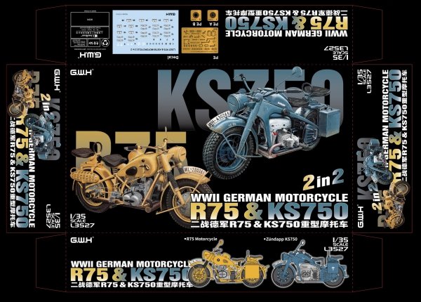 Great Wall Hobby L3527 WWII German Motorcycle R75 &amp; KS750 2 in 2 1/35