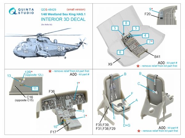 Quinta Studio QDS-48429 Westland Sea King HAS.1 3D-Printed &amp; coloured Interior on decal paper (Airfix) (Small version) 1/48