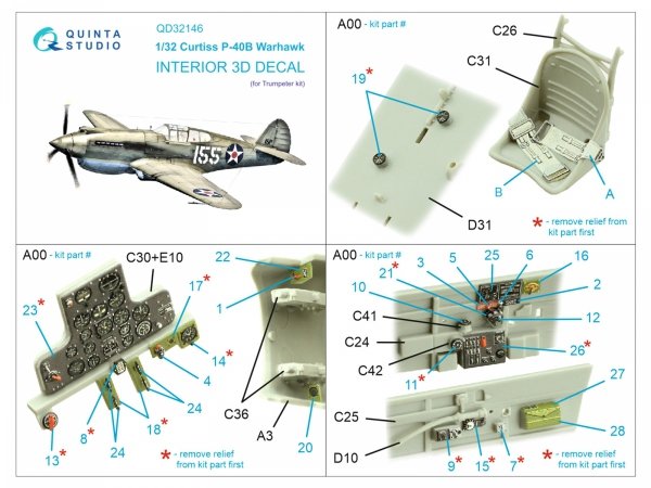 Quinta Studio QD32146 P-40B Warhawk 3D-Printed &amp; coloured Interior on decal paper (Trumpeter) 1/32