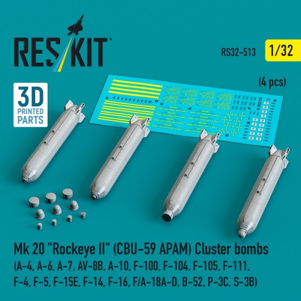 RESKIT RS32-0513 Mk 20 &quot;Rockeye II&quot; (CBU-59 APAM) Cluster bombs (4 pcs) (3D Printed) 1/32