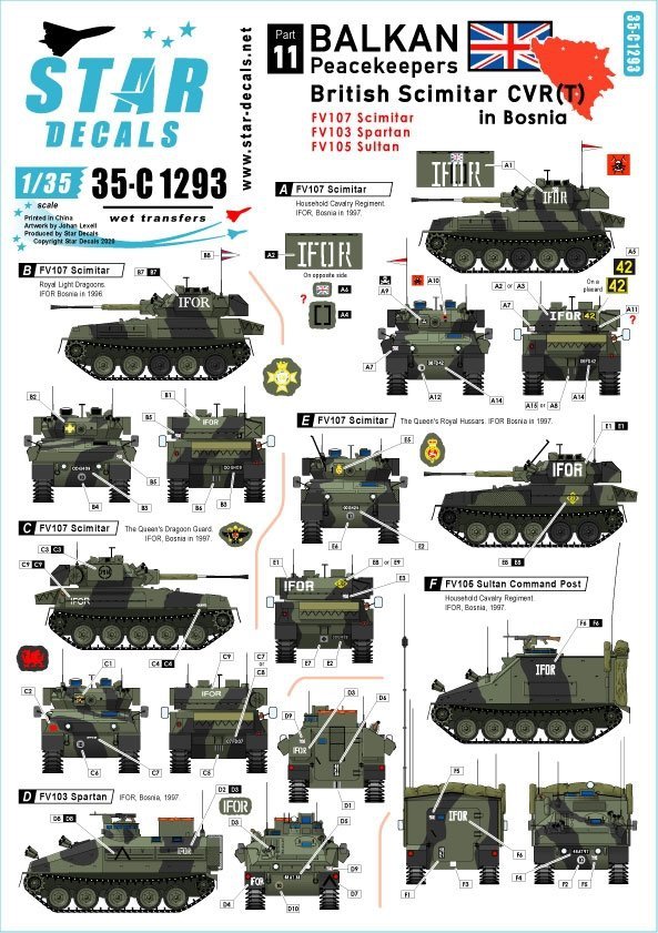 Star Decals 35-C1293 British Scimitar CVR(T) in Bosnia. IFOR markings. FV107 Scimitar, FV103 Spartan and FV105 Sultan 1/35