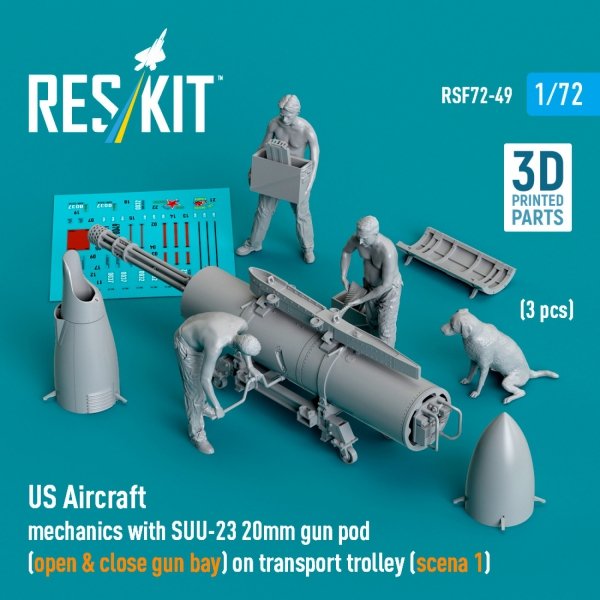 RESKIT RSF72-0049 US Aircraft mechanics with SUU-23 20mm gun pod  (open &amp; close gun bay) on transport trolley (scene 1) (3 pcs) (3D Printed) (1/72)