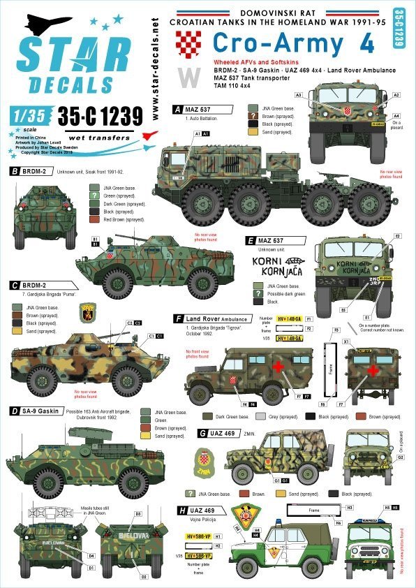 Star Decals 35-C1239 BRDM-2, SA-9 Gaskin, UAZ 469 4x4, Land Rover Ambulance, MAZ 537 Tank Transporter, TAM 110 4x4 Light Truck 1/35