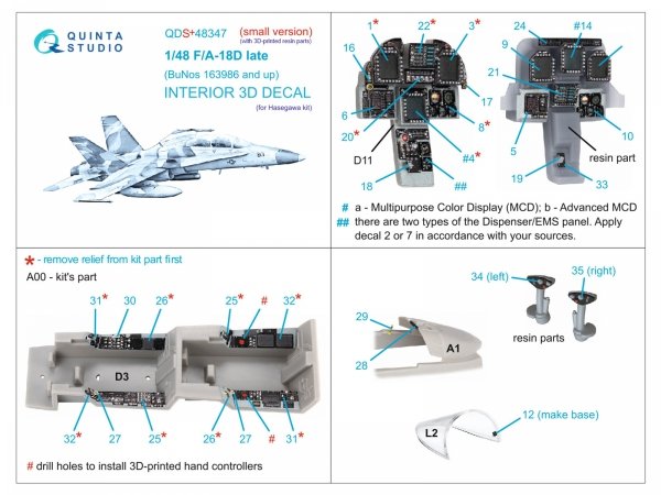 Quinta Studio QDS+48347 FA-18D late 3D-Printed coloured Interior on decal paper (Hasegawa) (with 3D-printed resin parts) (Small version) 1/48