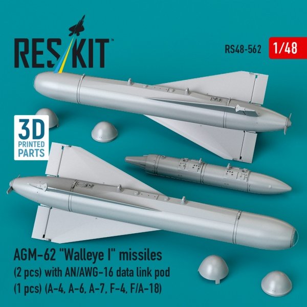 RESKIT RS48-0562 AGM-62 "Walleye I" missiles (2 pcs) with AN/AWG-16 data link pod (1 pcs) (A-4, A-6, A-7, F-4, F/A-18) (3D Printed) (1/48)
