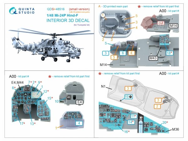 Quinta Studio QDS+48516 Mi-24P Hind-F 3D-Printed coloured Interior on decal paper (Trumpeter) (small version) (with 3D-printed resin parts) 1/48