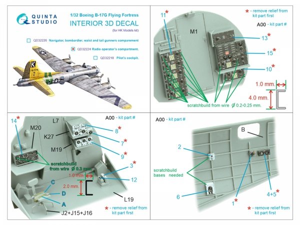 Quinta Studio QD32224 Boeing B-17G Radio operator's compartment. 3D-Printed coloured Interior on decal paper (HK models) 1/32