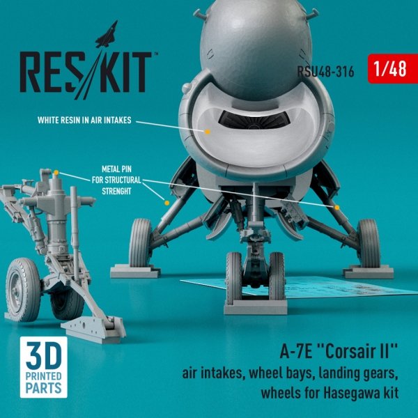 RESKIT RSU48-0316 A-7E &quot;CORSAIR II&quot; AIR INTAKES, WHEEL BAYS, LANDING GEARS, WHEELS FOR HASEGAWA KIT (3D PRINTED) 1/48