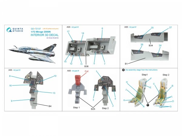 Quinta Studio QD+72137 Mirage 2000N 3D-Printed &amp; coloured Interior on decal paper (Dream Model) (with 3D-printed resin part)  1/72