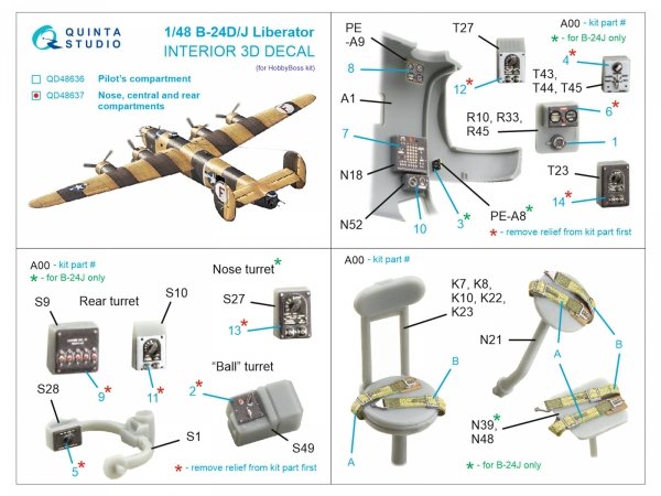 Quinta Studio QD48637 B-24D/B-24J Liberator. Nose, central and rear compartments. 3D-Printed &amp; coloured Interior on decal paper ( HobbyBoss ) 1/48