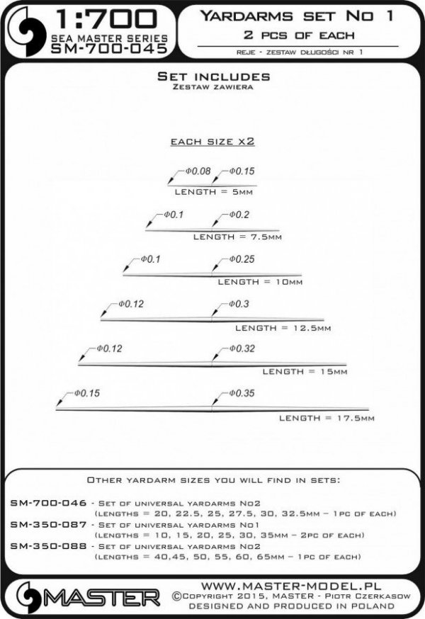 Master SM-700-045 Set of universal yardarms No1 (lengths = 5, 7.5, 10, 12.5, 15, 17.5mm - 2pcs of each) (1:700)