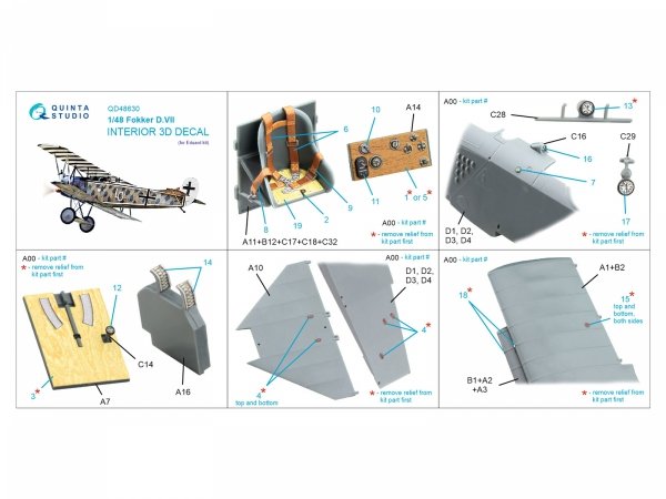 Quinta Studio QD48630 Fokker D.VII 3D-Printed &amp; coloured Interior on decal paper ( Eduard ) 1/48